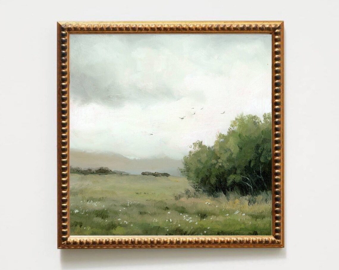 Rainy Day Flower Field Art Print, Neutral Landscape