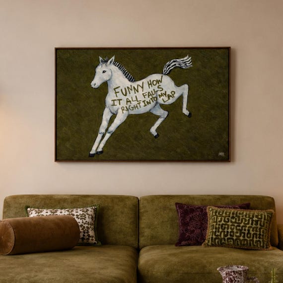 Surreal Eclectic Horse Oil Painting All Falls Right Into My Lap Typography Print Horizontal Mid Century Modern Western Hand Drawn Wall Art