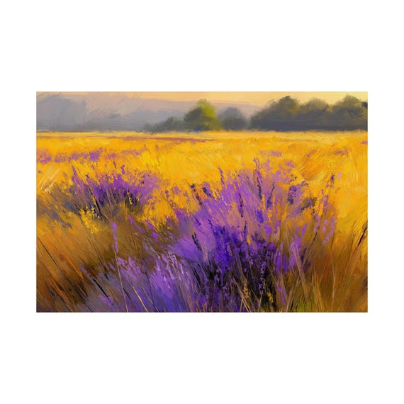 Golden Lavender Field, Impressionist Floral Landscape