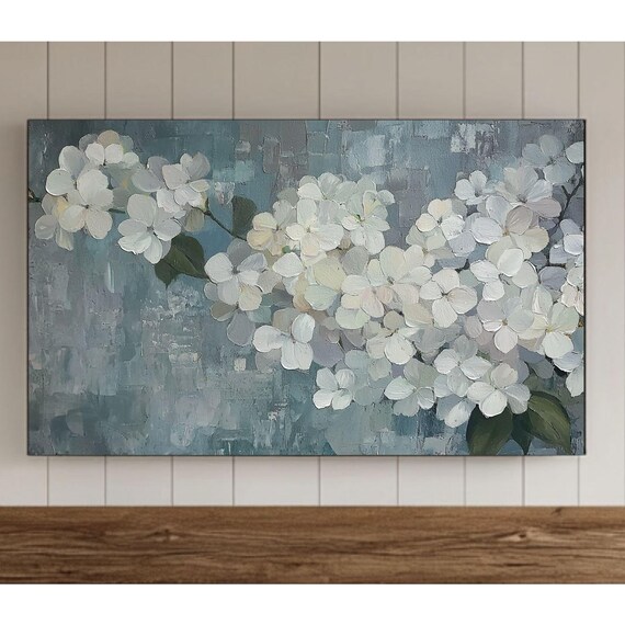 White Hydrangea Blooms Teal Textured Background Flower Poster