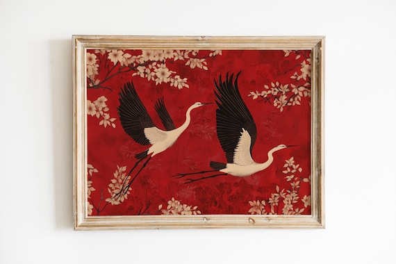 Red Herons Flying Art Print Abstract Painting Girl Apartment Decor Animal Wall