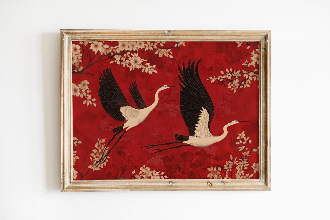 Red Herons Flying Art Print Abstract Painting Girl Apartment Decor Animal Wall
