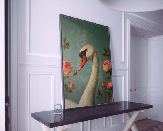 Swan With Flowers Print Contemporary Art Oil Painting Abstract Eclectic Home Decor