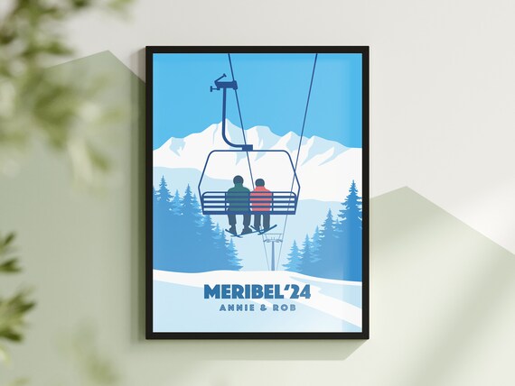 Personalized Couples Ski Trip Chairlift Poster Custom Names Art