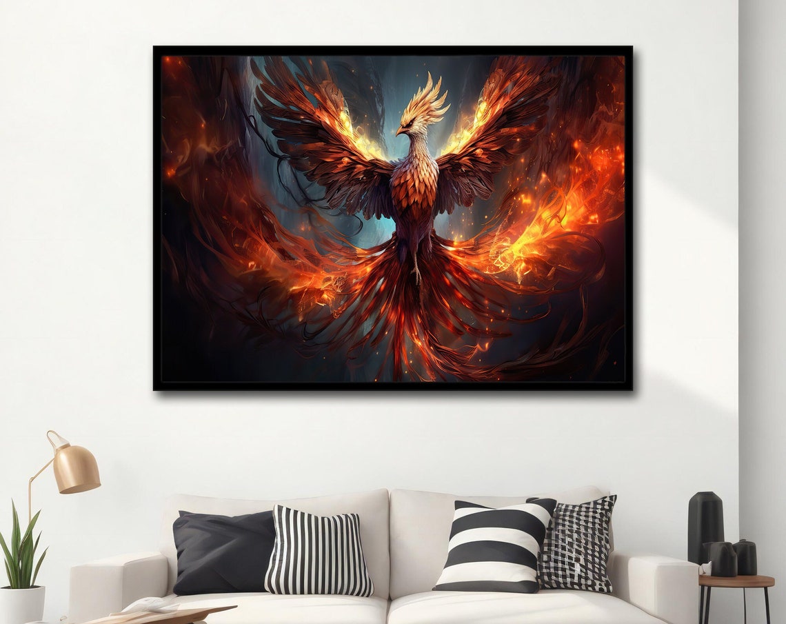 Fiery Phoenix Rising Bold Flame Wings Dark Sky Fantasy Art Poster - Image 2