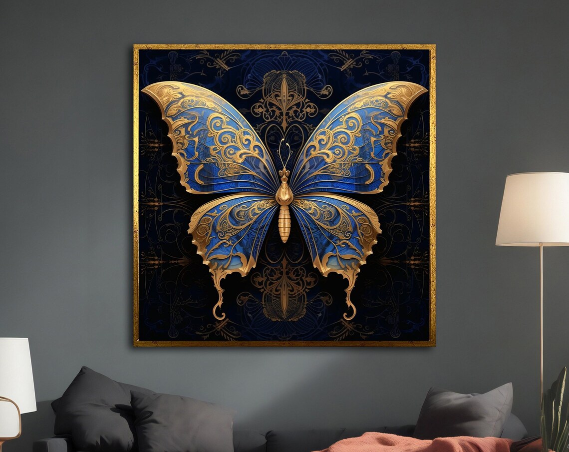 Royal Blue Gold Filigree Butterfly Ornate Dark Navy Elegant Poster