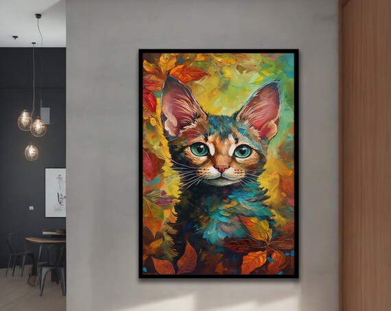 Colorful Cat Portrait Green Eyes Autumn Leaves Impressionist Poster