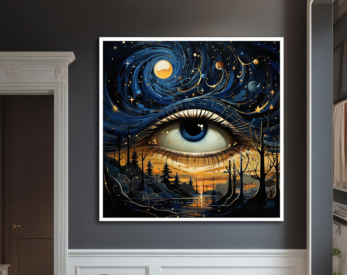 Cosmic Eye Night Sky Stars Forest Lake Surreal Dreamy Galaxy Wall Art
