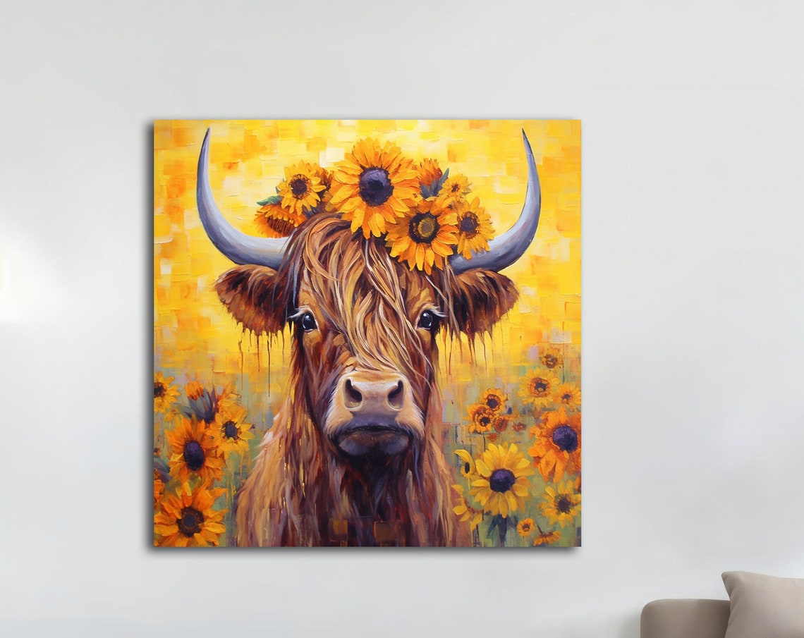 Highland Cow With Sunflower Crown Yellow Field Painting Poster