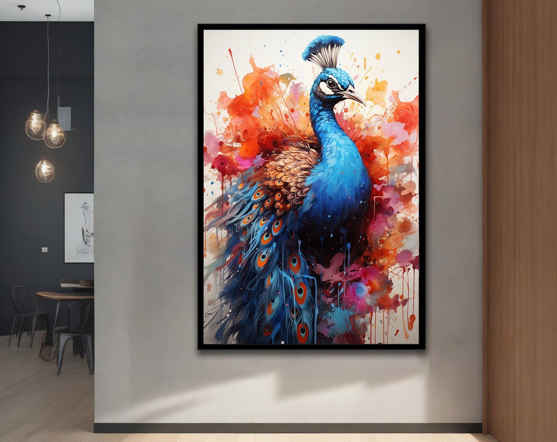 Blue Peacock Watercolor Fiery Orange Red Abstract Splash Poster