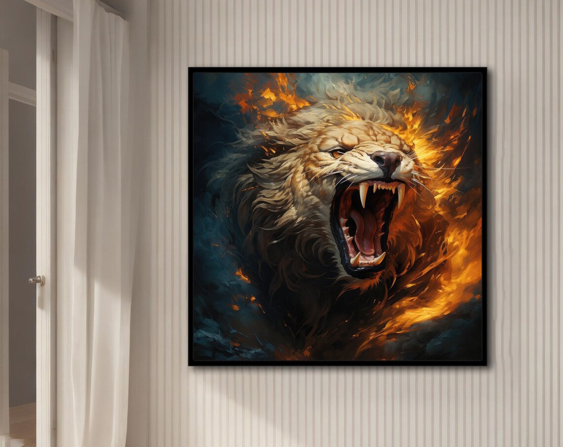 Roaring Lion Head In Flames Fiery Mane Dark Smoke Animal Art Poster