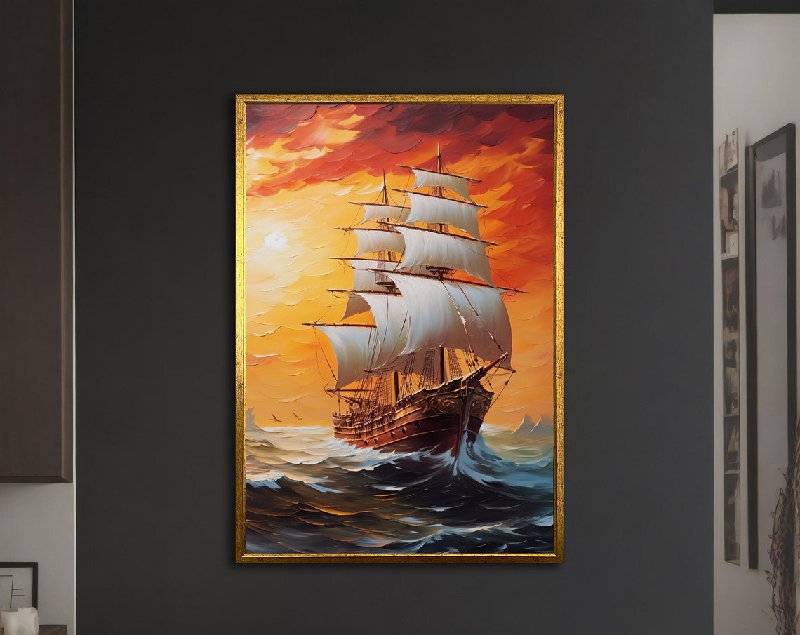 Tall Ship White Sails Dramatic Orange Sunset Clouds Ocean Art Poster
