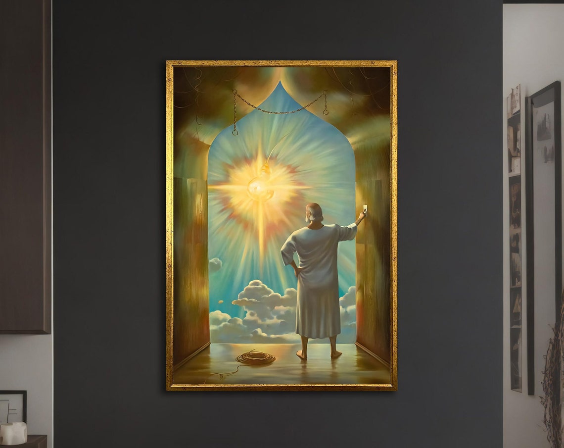 Man Turning Off Giant Sun Light Switch Surreal Magical Wall Art Poster