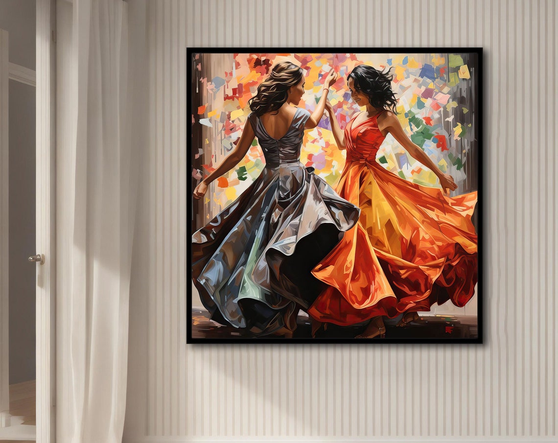 Joyful Women Dancing Flowing Gowns Colorful Celebration Dance Poster