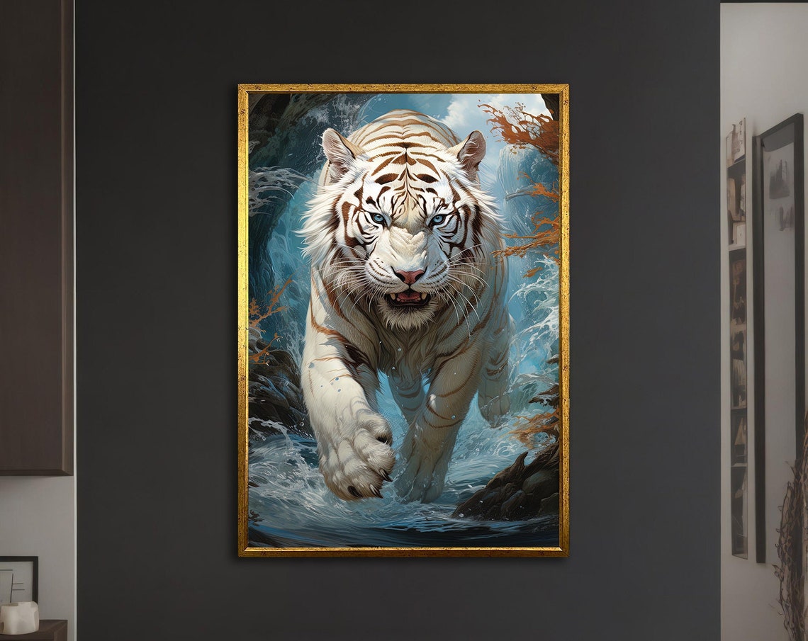 White Tiger Walking Through Blue Water Splashes Wild Eyes Poster
