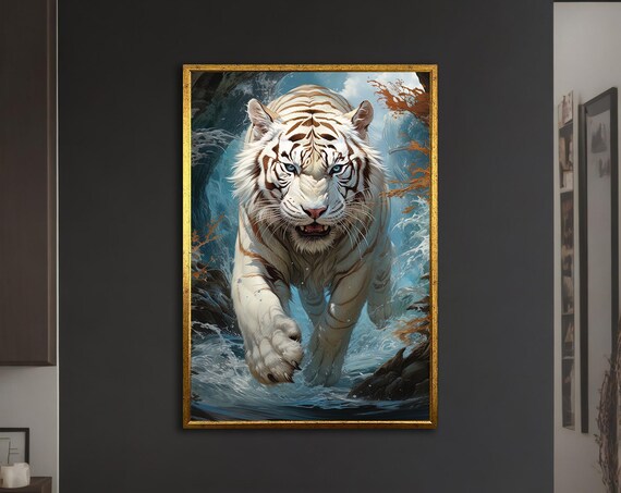 White Tiger Walking Through Blue Water Splashes Wild Eyes Poster