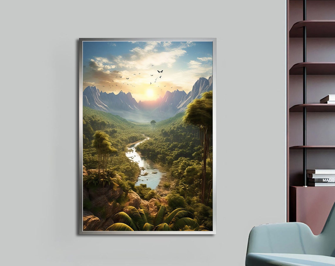 Tropical Rainforest River Valley Sunrise Mountains Lush Green Poster
