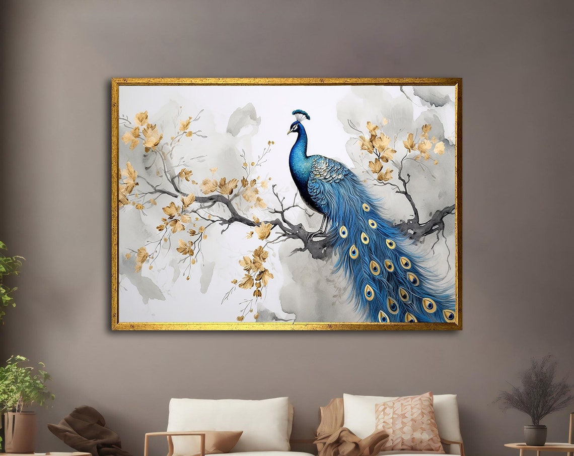 Blue Peacock Perched Flowering Branch Gold Blossoms Watercolor Poster