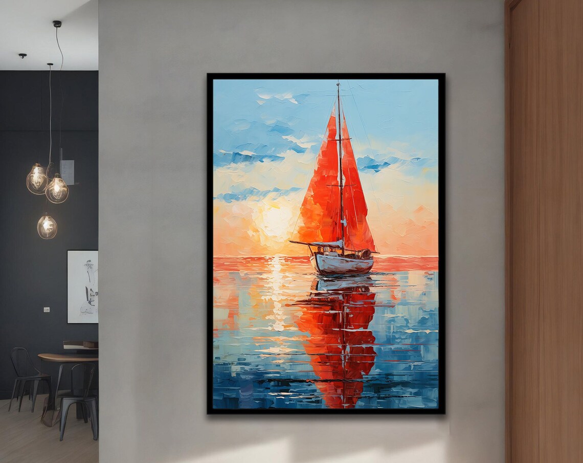 Red Sailboat Sunset Calm Sea Impasto Oil Painting Coastal Art Poster