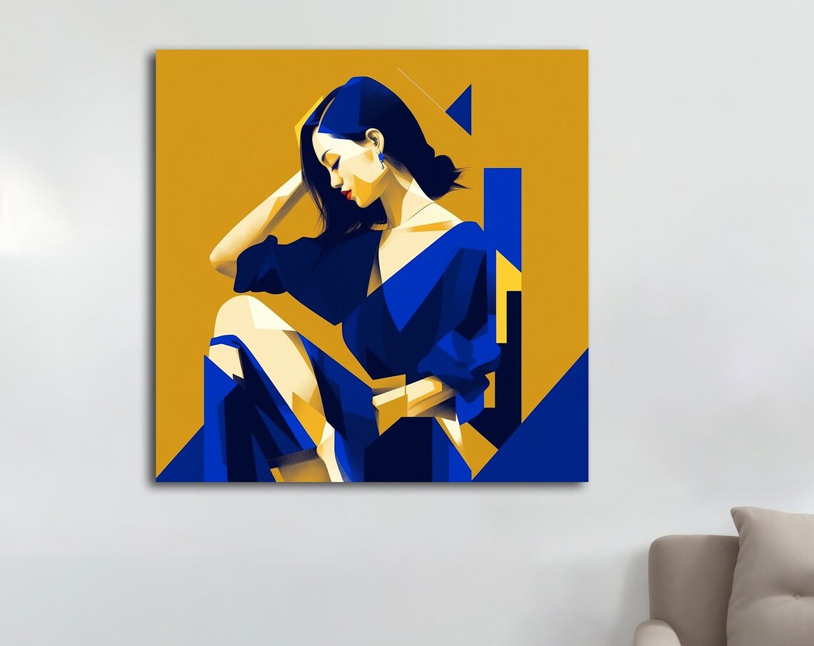 Abstract Geometric Woman Portrait Blue Gold Art Deco Modern Style Wall Art