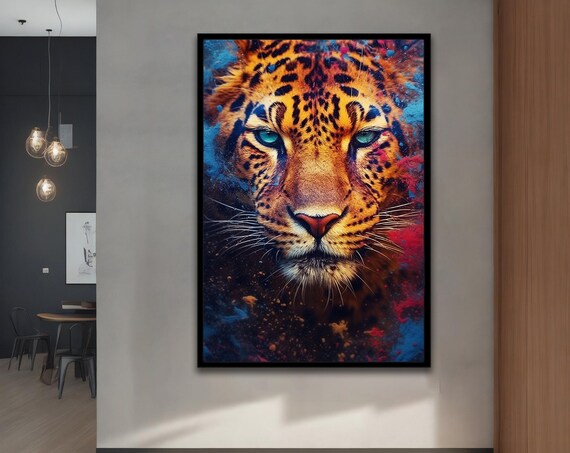 Leopard Face Close Up Turquoise Eyes Blue Red Splash Paint Poster