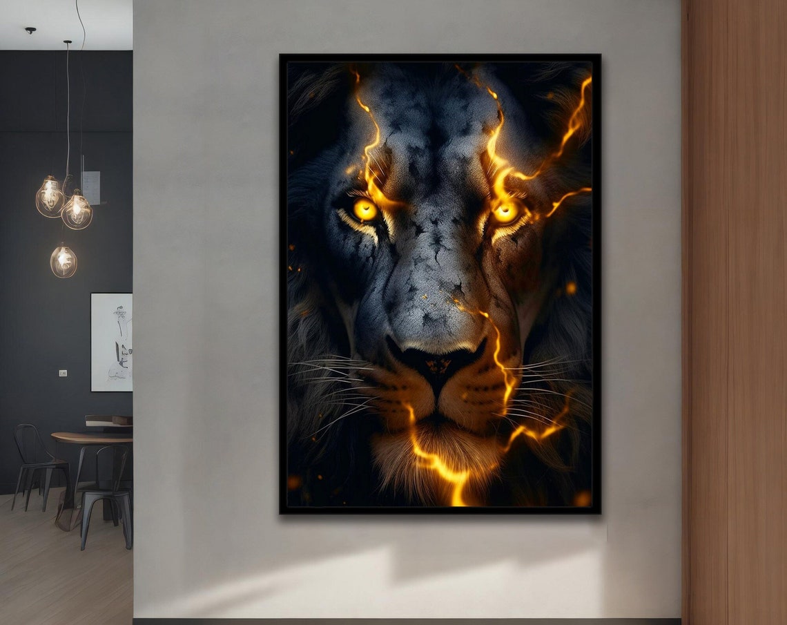 Black Lion Fire Face Golden Lightning Cracks Glowing Eyes Poster