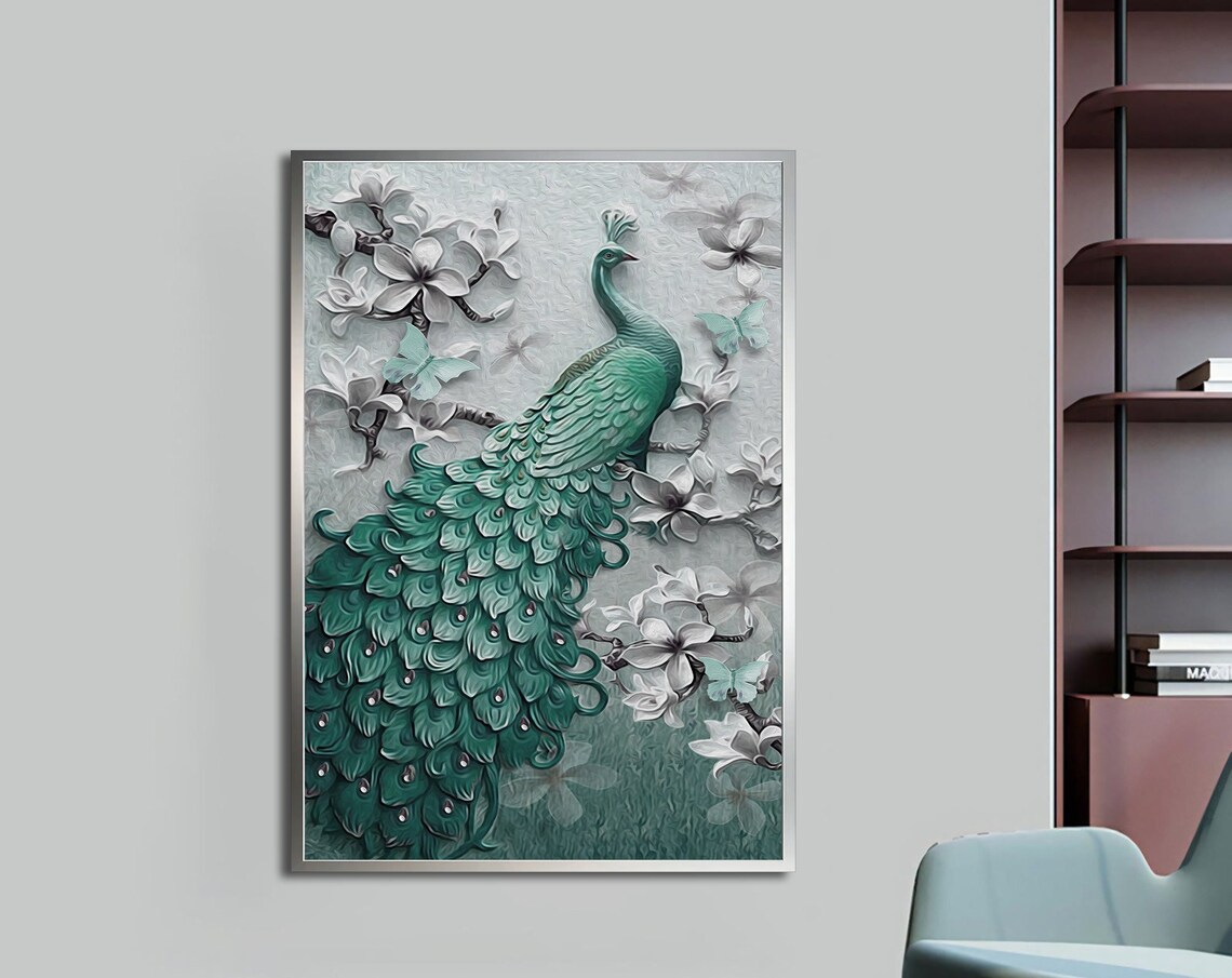 Green Peacock Among White Blossoms Butterflies Elegant Poster