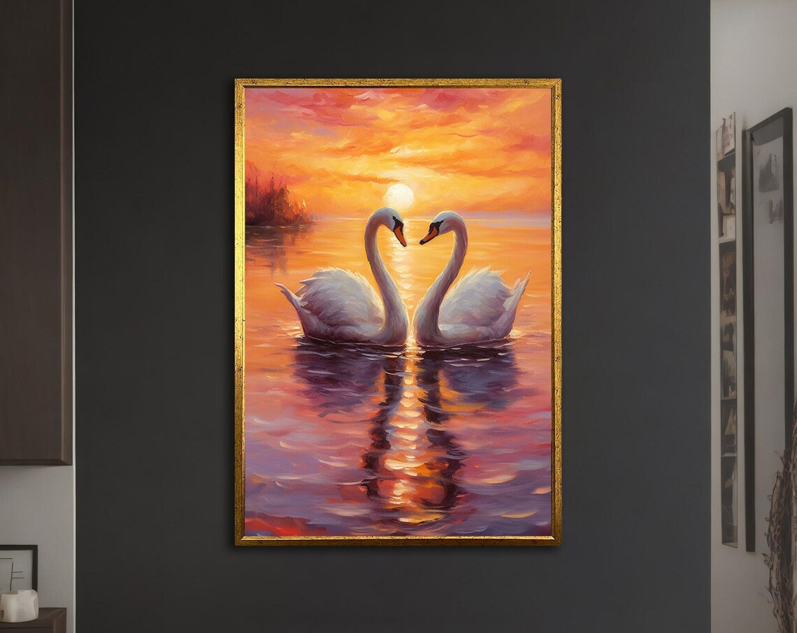 White Swans Heart Shape Sunset Lake Romantic Painting Wall Art Poster