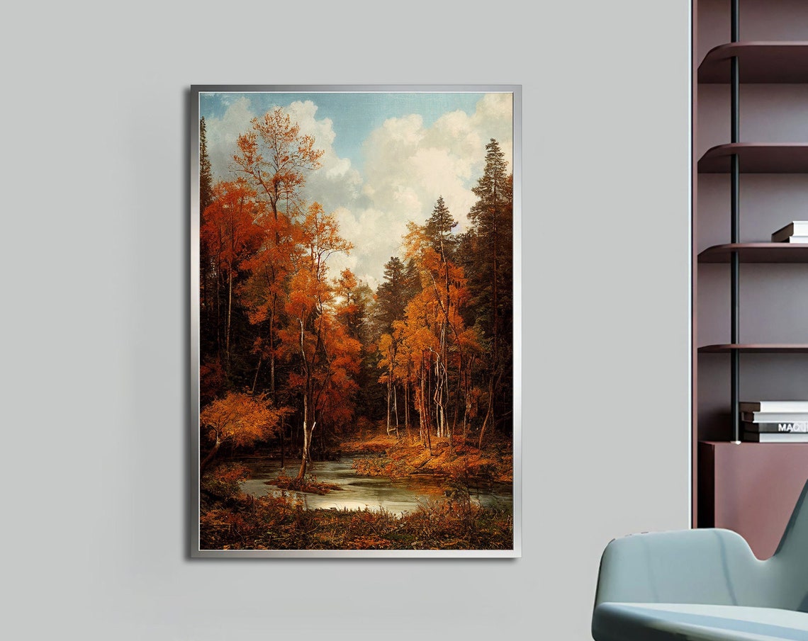 Autumn Birch Forest Golden Stream Fall Foliage Landscape Art Poster