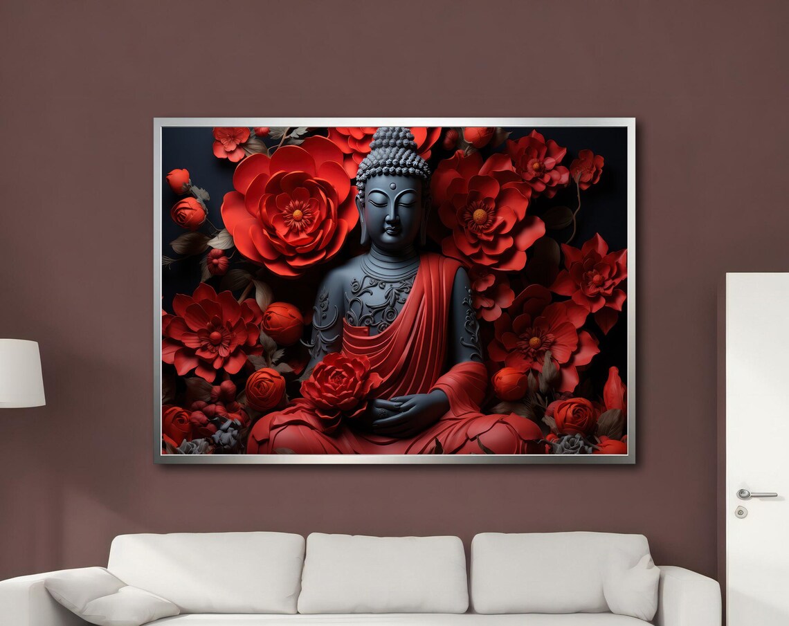 Dark Buddha Statue Red Paper Flowers Spiritual Zen Meditation Poster