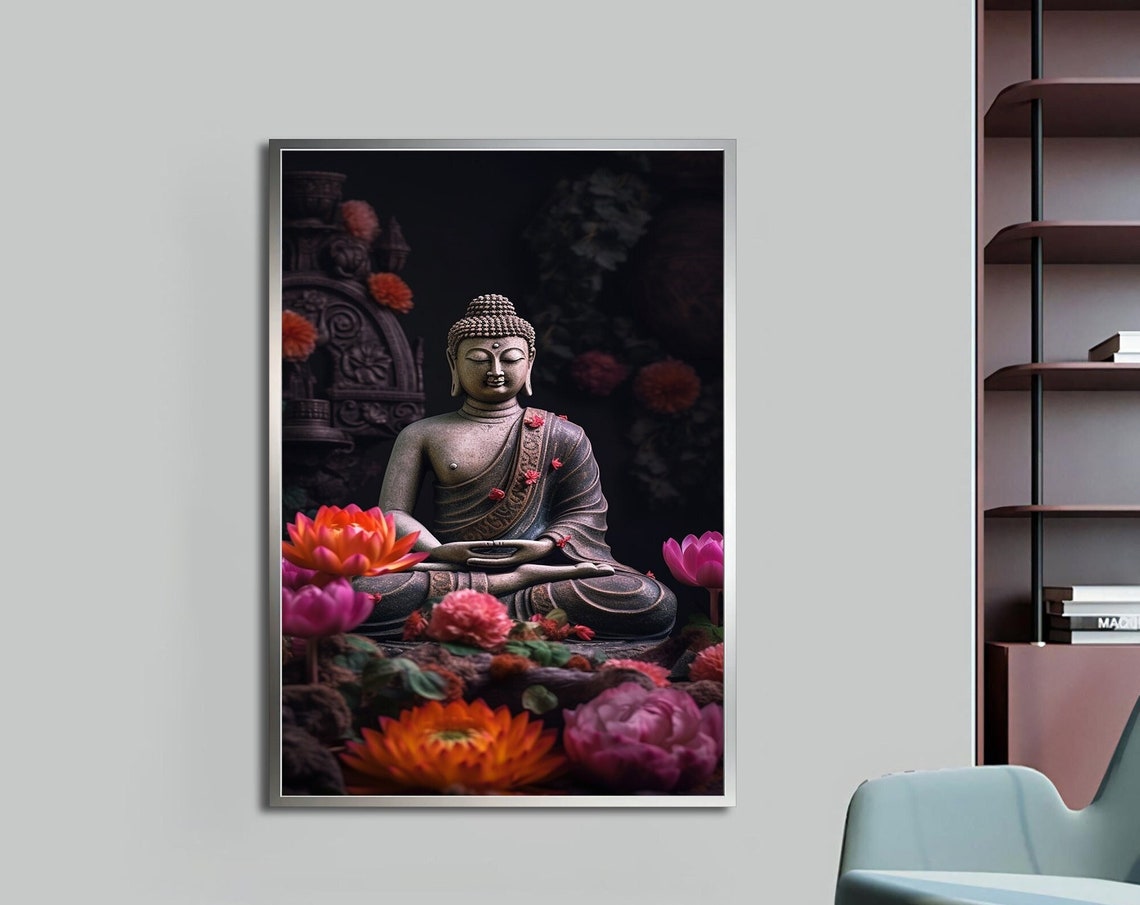 Buddha Statue Meditating Among Pink Lotus Flowers Dark Poster
