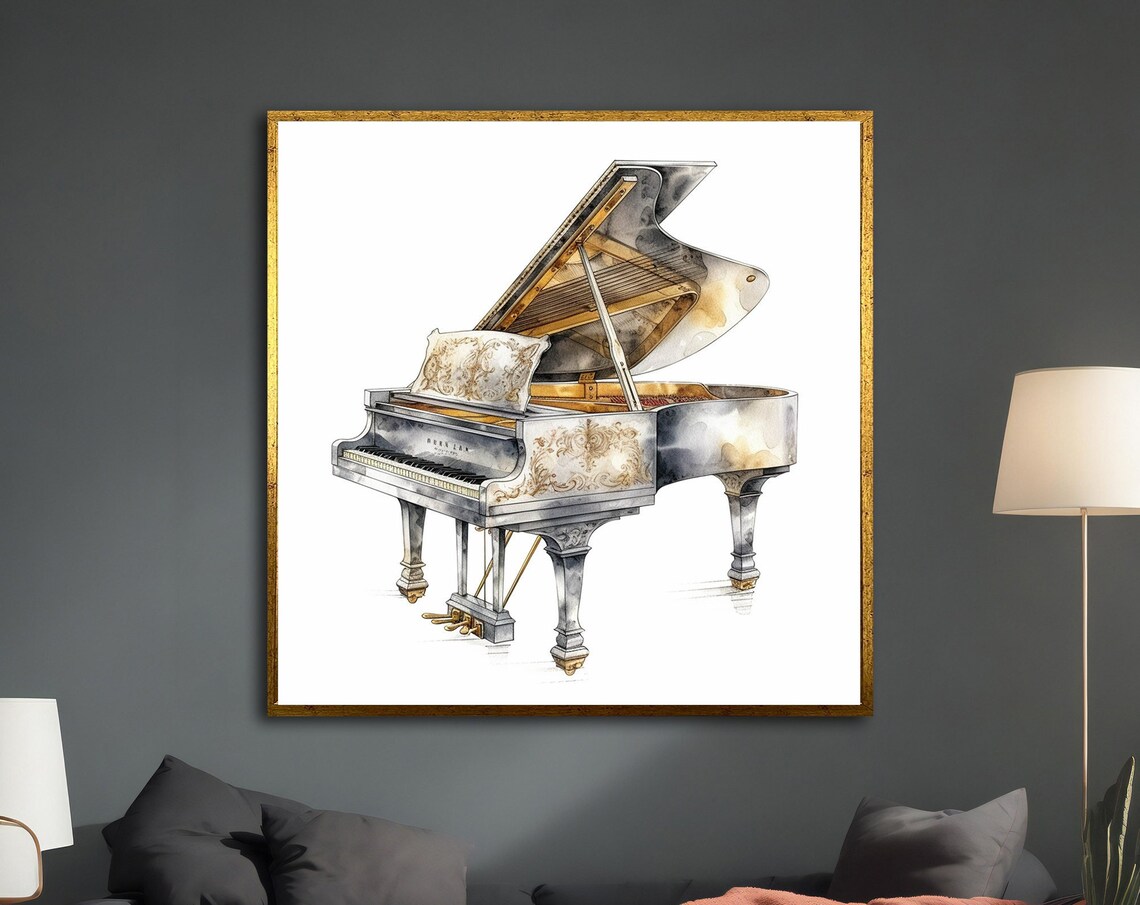 Elegant White Grand Piano Watercolor Gold Ornamental Music Art Print
