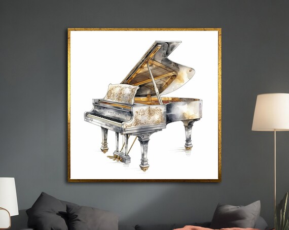 Elegant White Grand Piano Watercolor Gold Ornamental Music Art Print