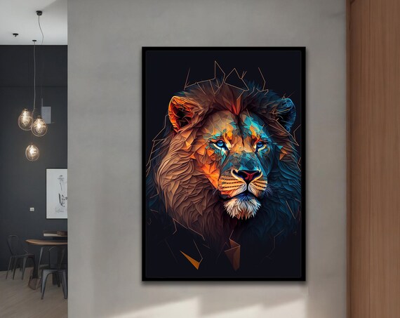 Geometric Low Poly Lion Face Blue Orange Modern Digital Poster
