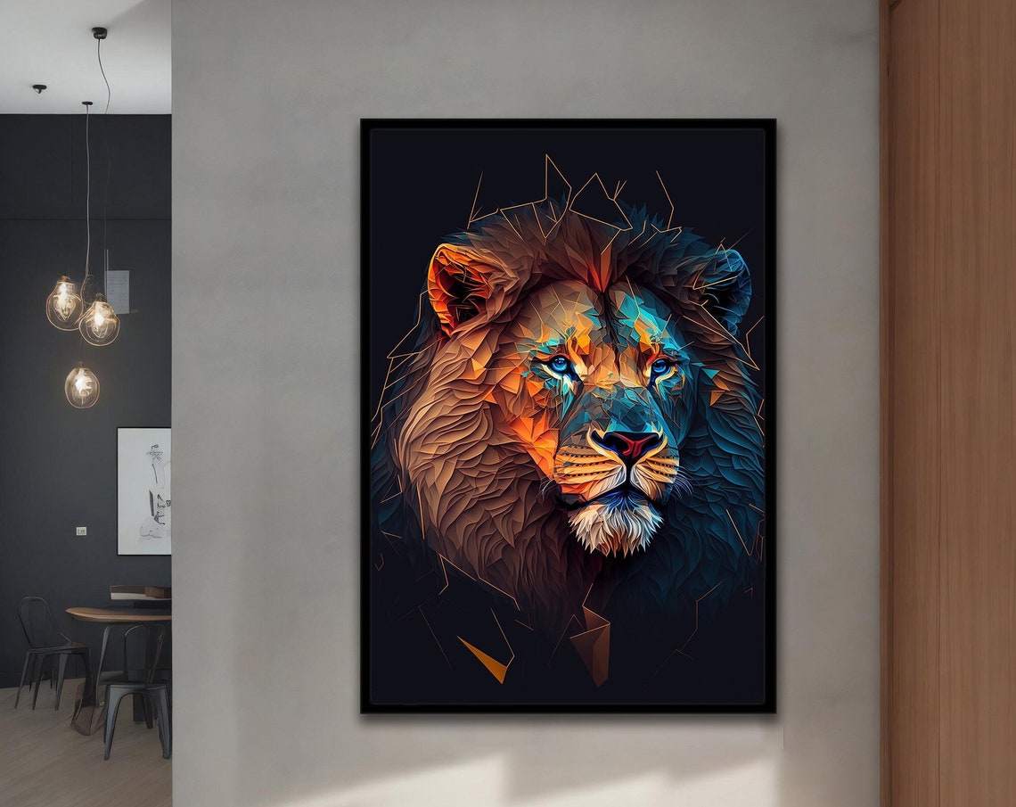 Geometric Low Poly Lion Face Blue Orange Modern Digital Poster