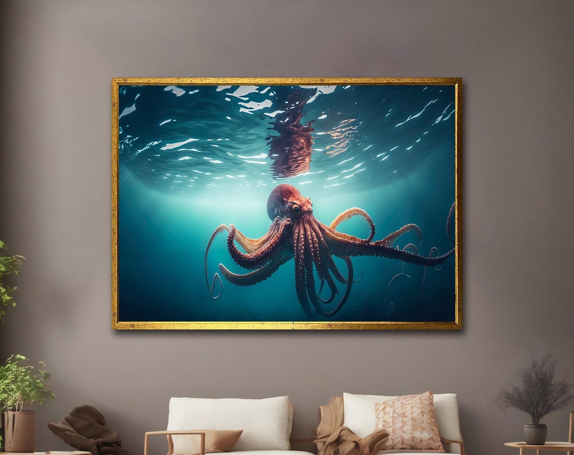 Octopus Swimming Under Sunlit Ocean Surface Tentacles Spread Poster