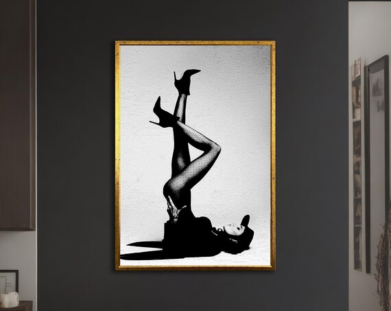 Woman in High Heels Playful Legs Up Black White Art Wall Poster