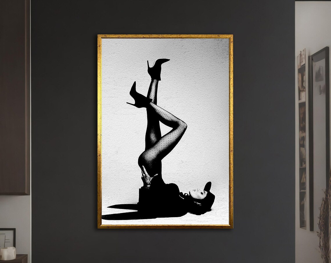 Woman in High Heels Playful Legs Up Black White Art Wall Poster