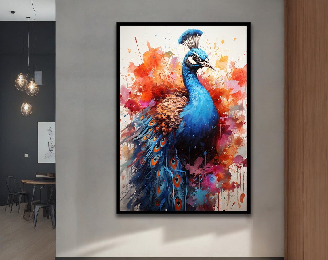 Blue Peacock Portrait Watercolor Splash Eye Feather Art Poster