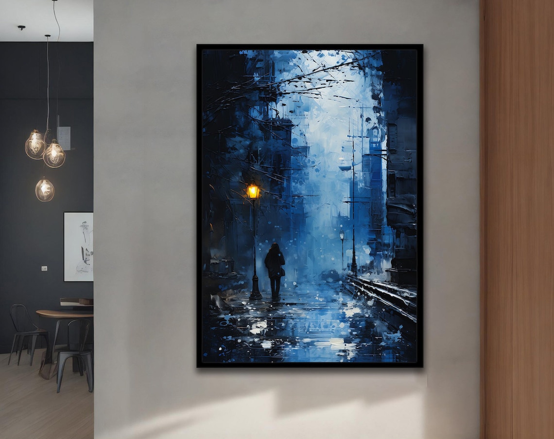 Blue Rainy City Street Night Umbrella Figure Lamp Glow Oil Art Poster