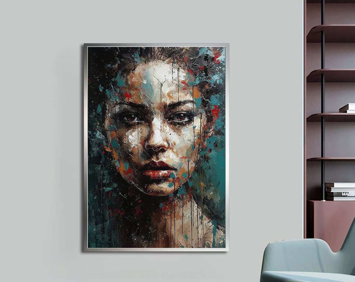 Abstract Woman Face Paint Drips Teal Dark Modern Portrait Poster