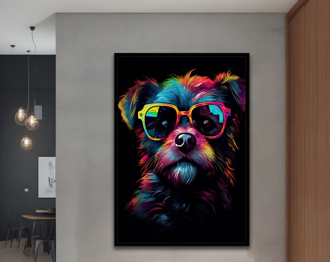 Cool Colorful Dog Wearing Rainbow Sunglasses Neon Black Wall Art