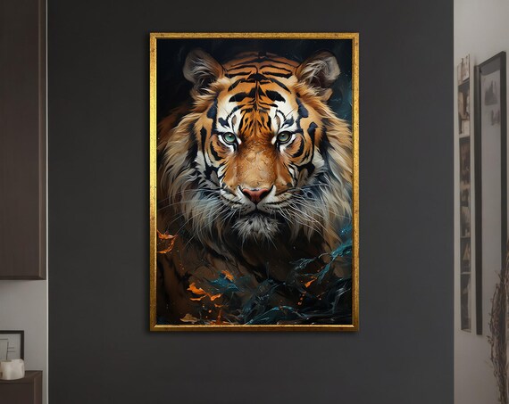 Majestic Tiger Portrait Fierce Green Eyes Dark Jungle Wildlife Wall Art
