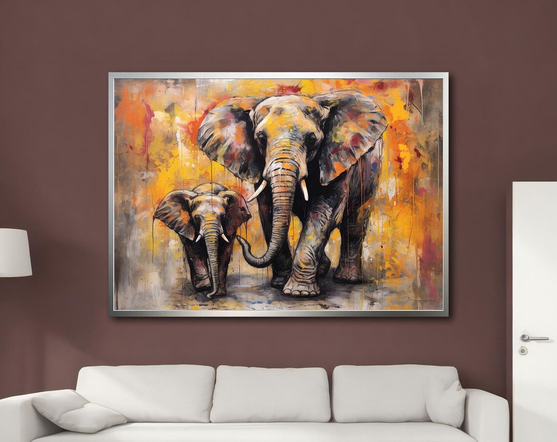 Abstract Elephant Calf Walking Colorful Orange Yellow Oil Painting Poster