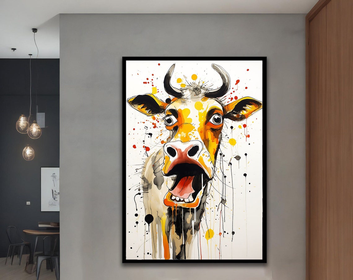 Laughing Cow Face Funny Open Mouth Watercolor Splatter Art Poster