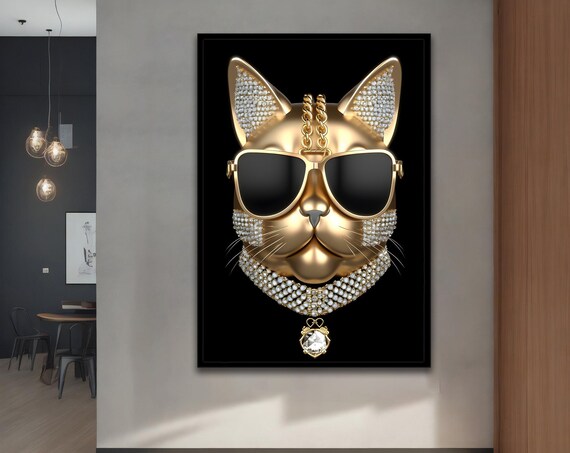 Golden Cat Wearing Sunglasses Diamond Collar Glamour Wall Art