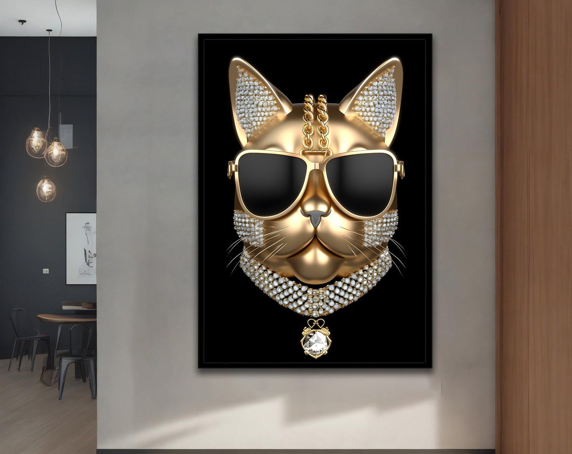 Golden Cat Wearing Sunglasses Diamond Collar Glamour Wall Art