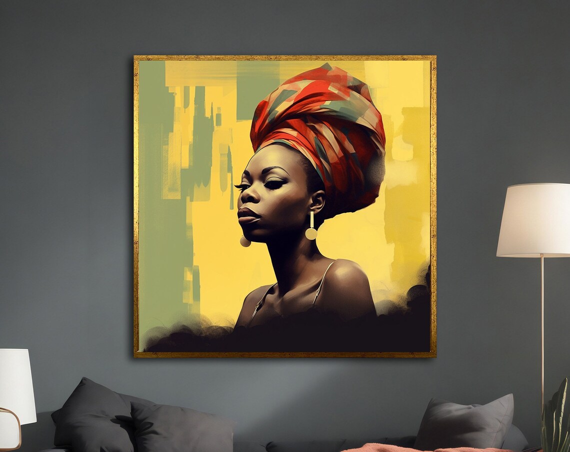 African Woman Red Headwrap Portrait Yellow Background Modern Art Print