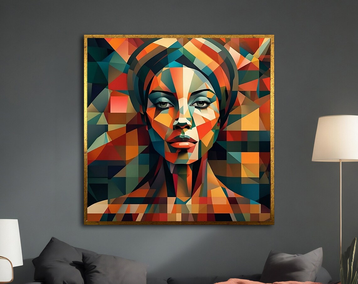 Cubist Woman Face Colorful Geometric Mosaic Orange Teal Modern Art Print