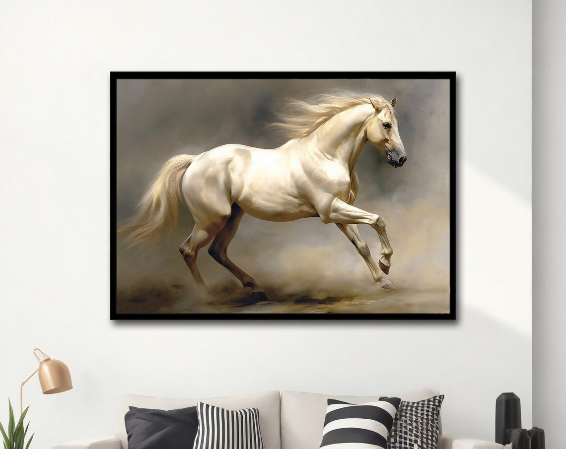 White Horse Galloping Through Golden Mist Dust Majestic Running Poster